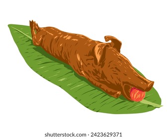 Art Deco or WPA poster art of a lechon, litson or roasted suckling pig with apple on banana leaf done in works project administration style.