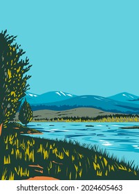 Art Deco or WPA poster of Loch Morlich within Cairngorms National Park in the Badenoch and Strathspey area of Highland, Scotland, United Kingdom done in works project administration style.