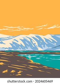 Art Deco or WPA poster of Loch Etchachan within Cairngorms National Park in the central Cairngorms plateau area of Highlands, Scotland, United Kingdom done in works project administration style.