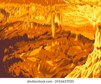 Afiche Art Deco o WPA de las cuevas de Mabinay o de las cuevas de cristal de Bulwang en la ciudad de Mabinay en la isla de Negros en las Visayas, Filipinas hecho al estilo de administración de proyectos de trabajo.