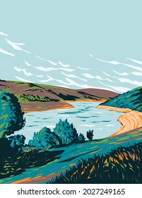 Art Deco or WPA poster of Meldon Reservoir near Okehampton on Dartmoor National Park, Devon, England, United Kingdom done in works project administration style.