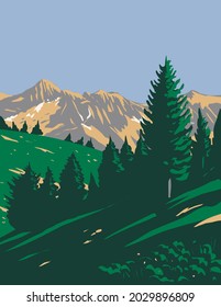 Art Deco or WPA poster of Mercantour National Park or Parc National du Mercantour in Alpes-de-Haute-Provence and Alpes-Maritimes department France done in works project administration style.