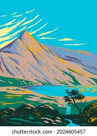 Art Deco or WPA poster of Mount Snowdon with Lake Glaslyn located in Snowdonia National Park in northwestern Wales, United Kingdom done in works project administration style.