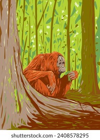 Art Deco or WPA poster of an orangutan in the forest of Kutai National Park located in East Kalimantan on Indonesian Borneo done in works project administration style.