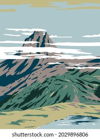 Art Deco or WPA poster of Pyrenees National Park or Parc National des Pyrenees with Pic du Midi d'Ossau in Hautes-Pyrenees and Pyrenees-Atlantiques, France done in works project administration style.