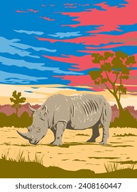 Art Deco or WPA poster of a rhino or white rhinoceros in Kruger National Park located in Limpopo and Mpumalanga in northeastern South Africa done in works project administration style.