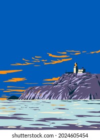 Art Deco or WPA poster of South Bishops Lighthouse on Ramsey Island in Pembrokeshire Coast National Park in Wales United Kingdom done in works project administration style.