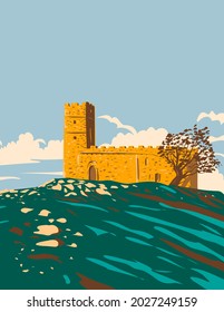 Art Deco or WPA poster of St Michael de Rupe Brentor Church in Dartmoor National Park, Devon, England, United Kingdom done in works project administration style.