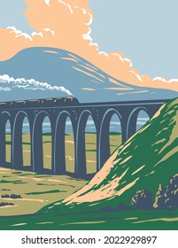 Art Deco or WPA poster of steam train on railway over Batty Moss or Ribblehead Viaduct in Yorkshire Dales National Park, northern England, United Kingdom done in works project administration style.