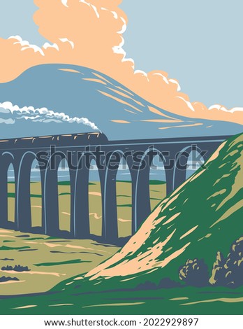 Art Deco or WPA poster of steam train on railway over Batty Moss or Ribblehead Viaduct in Yorkshire Dales National Park, northern England, United Kingdom done in works project administration style.