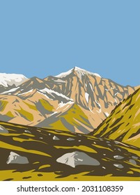 Art Deco or WPA poster of Stelvio National Park with Monte Cevedale covering the regions of Trentino-Alto Adige, Sudtirol and Lombardia in northeast Italy done in works project administration style.