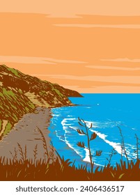 Art Deco or WPA poster of surf beach at Muriwai Beach in Muriwai Regional Park on the west coast of the Auckland Region in the North Island of New Zealand done in works project administration style.