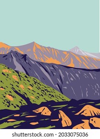 Art Deco or WPA poster of Val Grande National Park located in Piedmont in the north of Italy done in works project administration style.