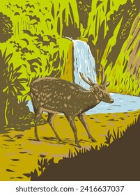 Art Deco or WPA poster art of a Visayan spotted deer, Rusa alfredi or Prince Alfred's deer in the rainforests of Panay and Negros Island in the Philippines done in works project administration style.