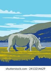 Art Deco or WPA poster of a white rhinoceros, square-lipped rhinoceros or Ceratotherium simum in Lake Nakuru National Park in Kenya, Africa done in works project administration style.