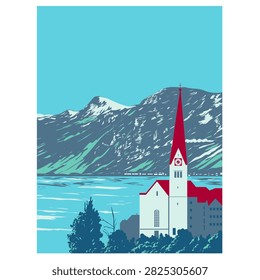 Art Deco WPA-style illustration of Lake Hallstatt surrounded by the scenic Salzkammergut mountains in Austria