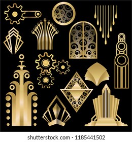Art deco/Art nuvo diy vector golden black elegant  set of objects for print and web. Creative illustration.
