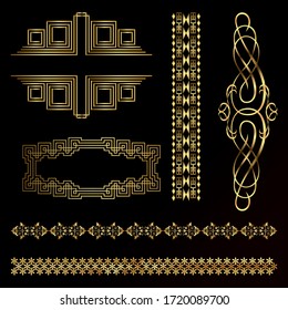 Art decor luxury golden headers. Set of Art deco calligraphic page decoration vignettes. Vector design golden art deco border.Set of vintage golden dividers. Vector elements for your design on black