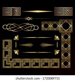Art decor luxury golden headers. Set of Art deco calligraphic page decoration vignettes. Vector design golden art deco border.Set of vintage golden dividers. Vector elements for your design on black