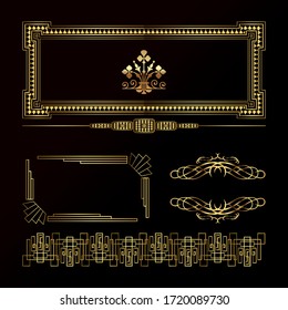 Art decor luxury golden headers. Set of Art deco calligraphic page decoration vignettes. Vector design golden art deco border.Set of vintage golden dividers. Vector elements for your design on black