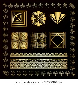 Art decor luxury golden headers. Set of Art deco calligraphic page decoration vignettes. Vector design golden art deco border.Set of vintage golden dividers. Vector elements for your design on black