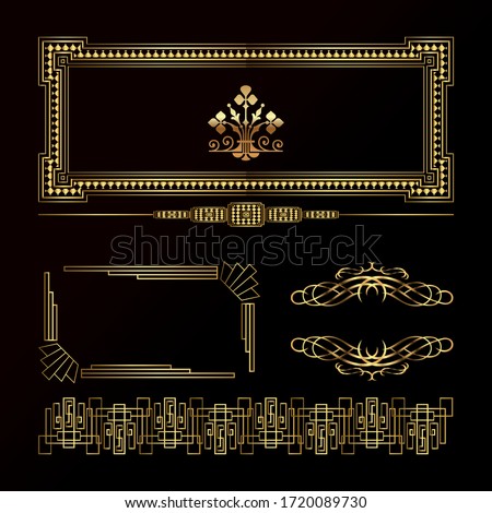 Art decor luxury golden headers. Set of Art deco calligraphic page decoration vignettes. Vector design golden art deco border.Set of vintage golden dividers. Vector elements for your design on black