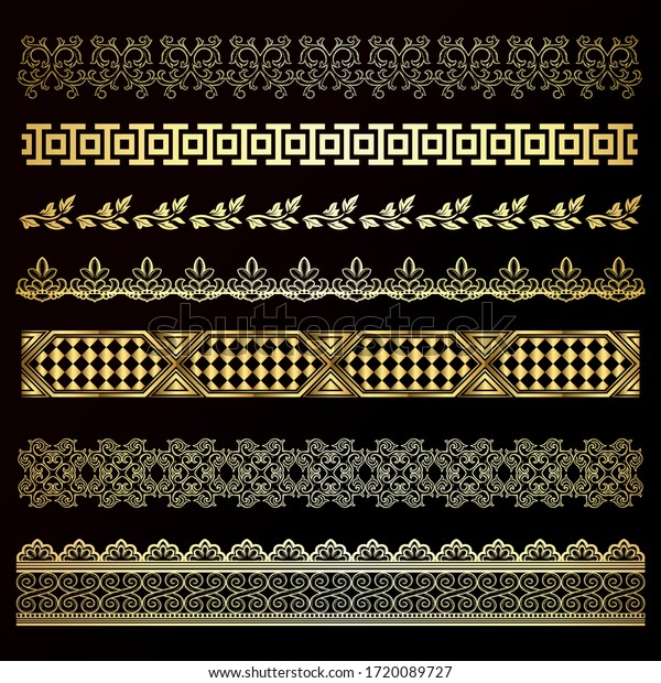 Art decor luxury golden headers. Set of Art deco
calligraphic page decoration vignettes. Vector design golden art
deco border.Set of vintage golden dividers. Vector elements for
your design on black