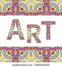 Art. Decorative ornate letters with frame border pattern. Art sign symbol background, tribal ethnic ornament. Vector decoration for card or invitation design. Geometric floral doodle pattern
