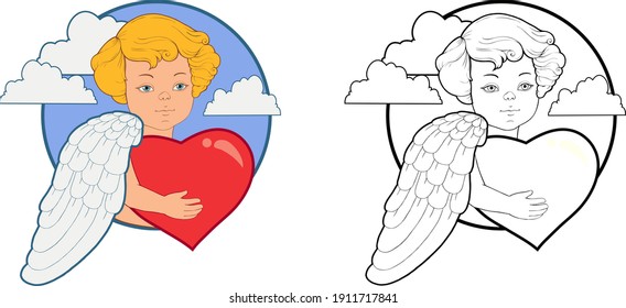 Art design for birthday, wedding card or Valentine's day. Angelic beings with heart coloring book for children. Happy Valentine's Day card with Cupid isolated clipart. Character for congratulation