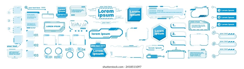 Art design callout bar labels, layout template. Futuristic user interface graphic box for UI game. Digital lines, Arrows, Callouts titles, Circle HUD, frames, panels, bar labels