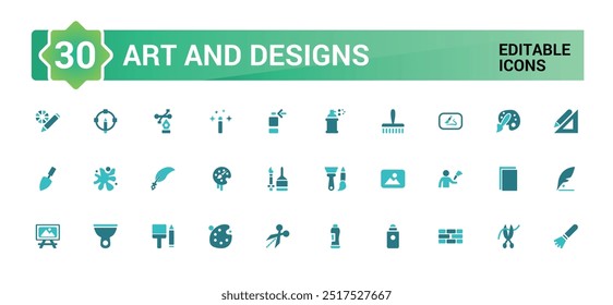 Art and Design colorful icon set. Color icons related to color palette, paint bucket and more. Filled icons. Glyph icon set for web and ui. Editable stroke.