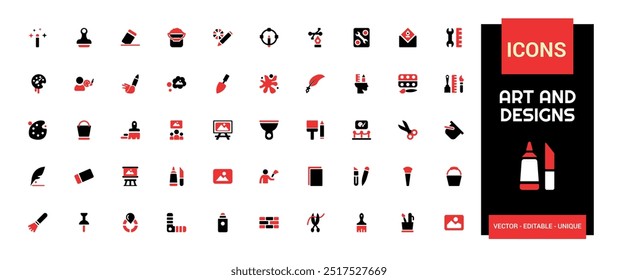 Art and Design colorful icon set. Color icons related to color palette, paint bucket and more. Filled icons. Glyph icon set for web and ui. Editable stroke.