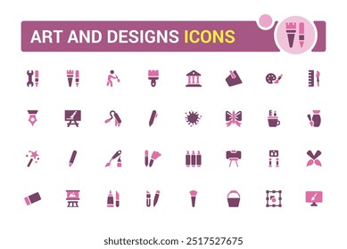 Art and Design colorful icon set. Color icons related to color palette, paint bucket and more. Filled icons. Glyph icon set for web and ui. Editable stroke.