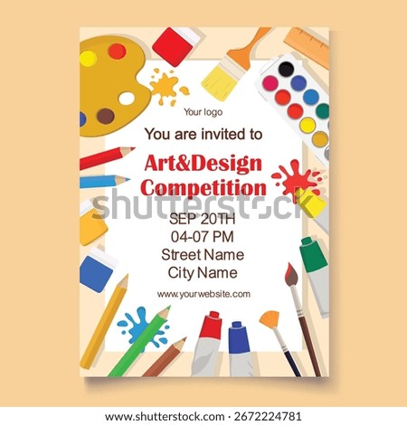 Art and design competition poster template with painting tools gouache watercolor and brush Perfect for creative events invitations banners and artistic promotions