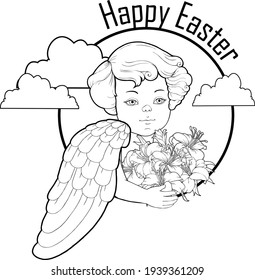 Art design concept for religious holidays - Easter, Christmas. Angelic beings with bouquet of lilies Isolated clipart. Character for congratulation card with  birthday, wedding. Linear hand drawing