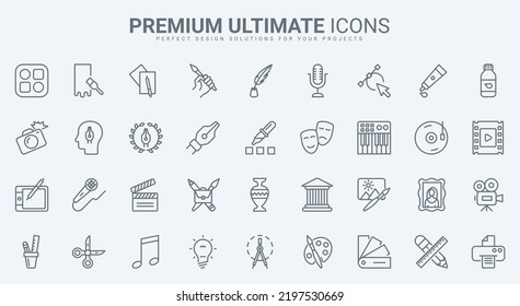 Art design, creative process thin black line icons set vector illustration. Abstract outline artwork pictogram collection with music, theater and cinema movie media projects, portfolio symbols