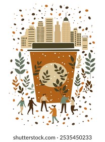 Art design of a disposable cup with hot coffee, decorated with simple patterns of city high-rise buildings and people getting their morning coffee