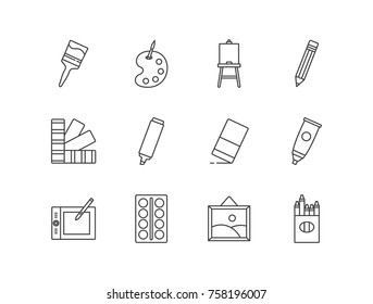 Art, design and drawing line icons set including paint brush, palette, easel, pencil, color book, marker, eraser, tube, tablet, painting, crayons box.