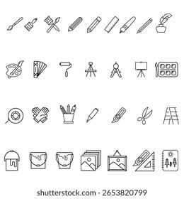 Art design drawing painting tool brush pencil marker palette icon vector illustration for creative craft education and studio equipment set.