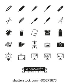 Art and design glyph icon vector collection. 25 symbols for the design industry.