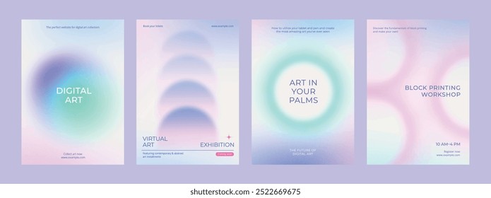 Art and design gradient poster template vector set. Set of in various designs. Poster gradient design vector set. Aesthetic pastel holographic poster design set. Pastel holographic gradient poster