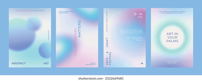 Art and design gradient poster template vector set. Set of in various designs. Poster gradient design vector set. Aesthetic pastel holographic poster design set. Pastel holographic gradient poster