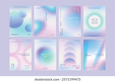 Art and design gradient poster template vector set. Set of in various designs. Poster gradient design vector set. Aesthetic pastel holographic poster design set. Pastel holographic gradient poster