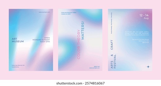 Art and design gradient poster template vector set. Set of in various designs. Poster gradient design vector set. Aesthetic pastel holographic poster design set. Pastel holographic gradient poster