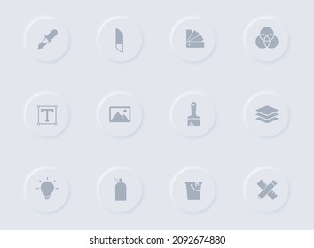 art and design gray vector icons on round rubber buttons. art and design icon set for web, mobile apps, ui design and promo business polygraphy