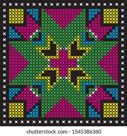 Art design of green, pink, white and yellow color on black background 
 which is Handmade pattern texture by Thailand hmong group