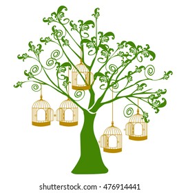 art design green tree silhouette with gold bird cage isolated background.vector illustrator.
