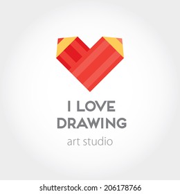 Art and design heart red pencils abstract vector concept sign symbol. Stylish design elements or icons on white background. Vector modern illustration in flat style.