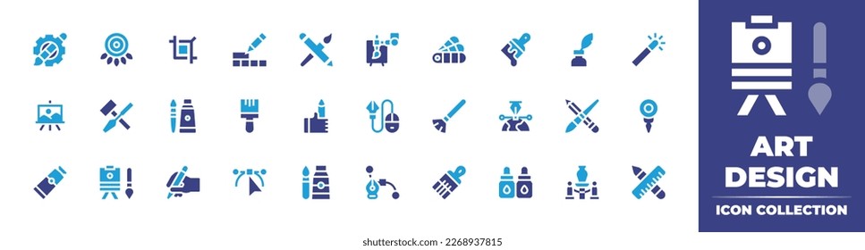 Art design icon collection. Duotone color. Vector illustration. Containing paint brush, ornaments, crop, build, brush, robot hand, pantone, art and design, magic wand, canvas, carving, art.