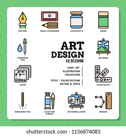 Art design icon set by filled outline icon style with memphis background.